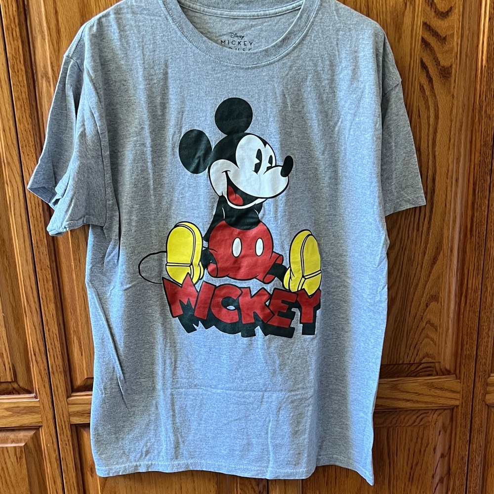 Disney Gray Tee with Classic Mickey Graphic in Red, Yellow and Black